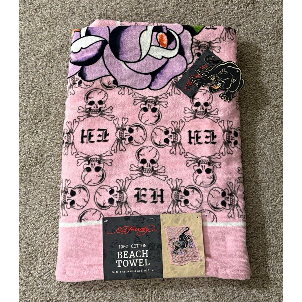 Ed Hardy Pink Skull Printed Cotton Beach Towel Black Purple White Green 36x68